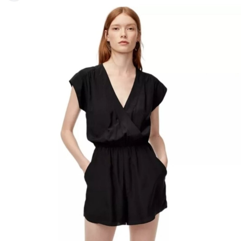 Babaton Artizia black deep V-neckline silk romper size L